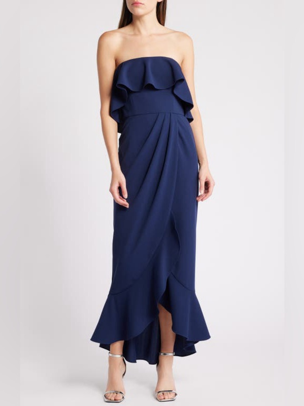 WAYF Noelia Strapless Ruffle Gown Dress Size Medium Navy Blue Cocktail